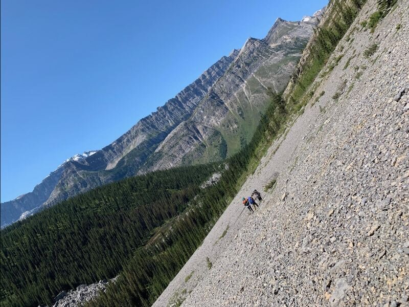 Photo: Me and my hiking buds crossing a steep(!) and exposed mountain.